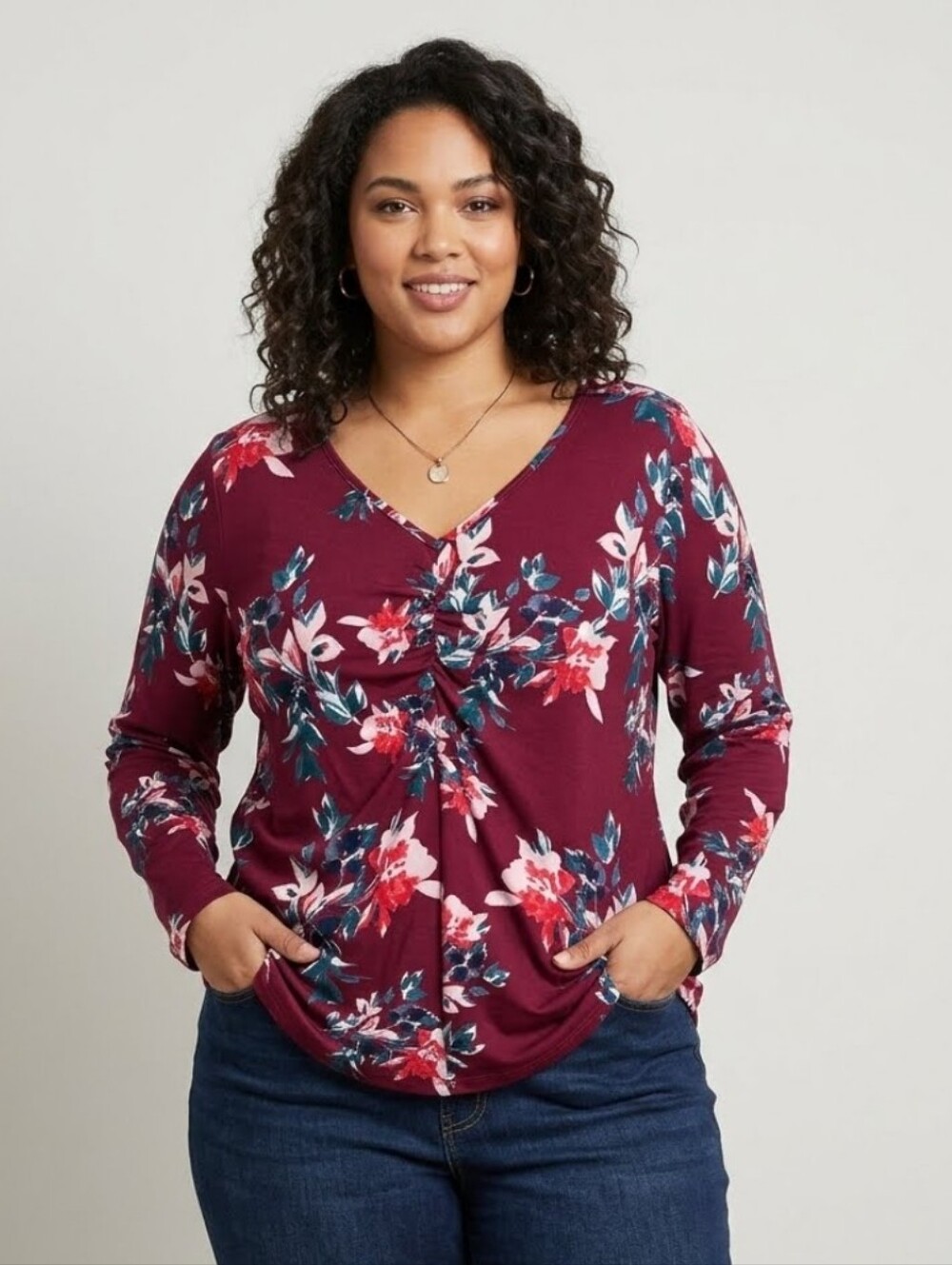 EVRI Burgundy Floral V-Neck Long Sleeve Top with Ruched Front Plus Sz 3X